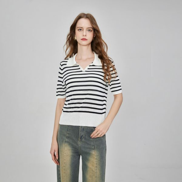 Women's POLO Knitted Top Short Sleeve Striped Notch Collar Rowan Hem Shirt Button Decoration for Commuter Office Use - 图片 3
