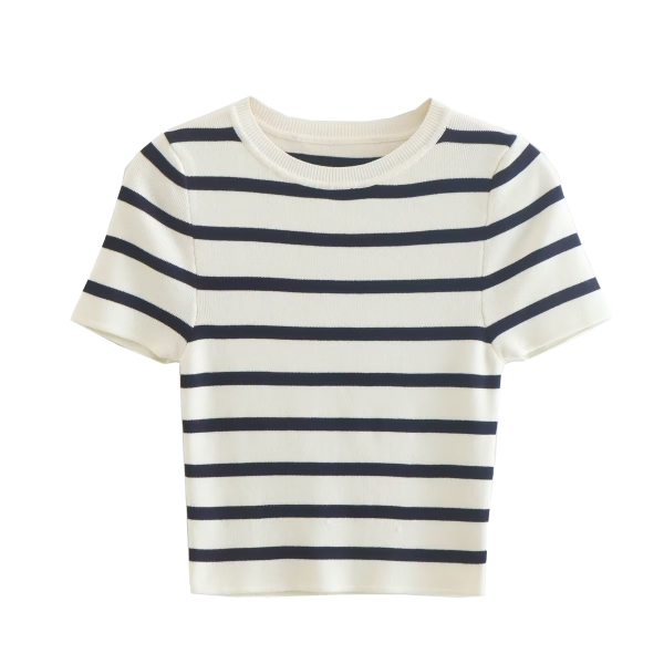 Chic Fashion 2024 Spring Women's Short Sleeve Ice Silk Knitted Top Vintage Chic Pullovers in Casual Striped Style - 图片 3