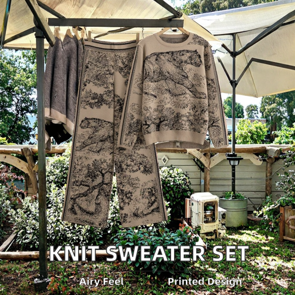 Autumn Casual Knit Outfits Wholesale 2-Piece Set with Printed Long Sleeve Sweater and Pants Breathable Animal Pattern - 图片 2