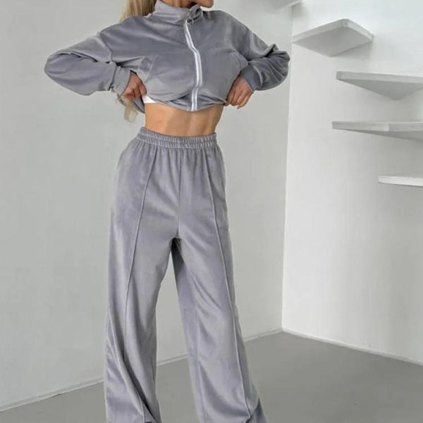 Women Grey Velvet Zip up Cropped Trench Style Jacket High Waisted Wide Leg Pants Casual Chic Daily Looks - 图片 4