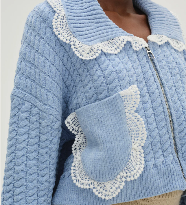 Sweet Lace Peter Pan Collar Knitted Cardigan French Retro Lace - Trimmed Knitted Short Coat Age - Reducing Puff - Sleeve Lace - 图片 3