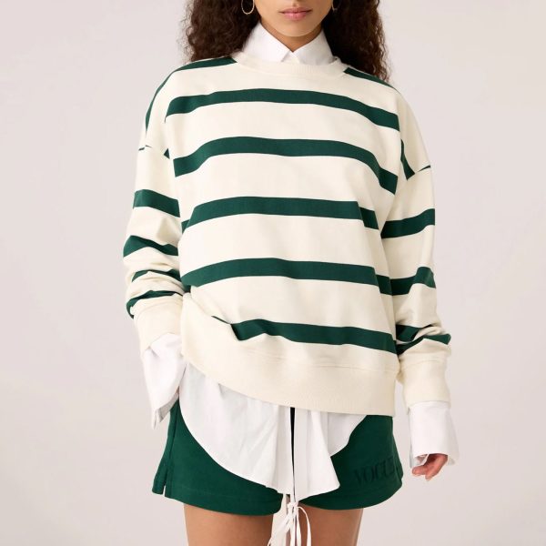 Womens Striped Crewneck Sweatshirt Oversized Drop Shoulder Loose Fit Cotton Fleece French Terry Custom Logo OEM ODM - 图片 3
