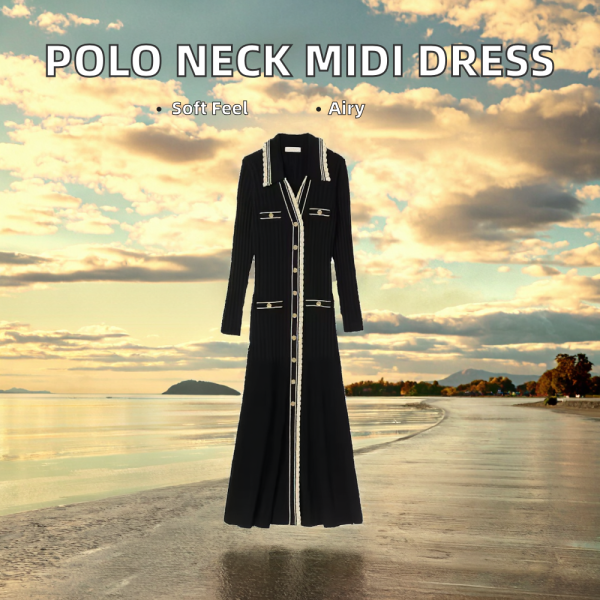 Elegant Ladies Midi Dress Solid Casual Luxury with Long Sleeves & Button up Slim Polo Neck & Ribbed A-Line for Winter - 图片 3