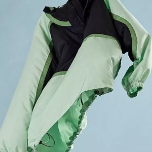 Women's Color Block Hooded Jacket Outerwear Stylish Patchwork Design Hooded Windbreaker Jacket Solid Long Sleeve Sweatshirt