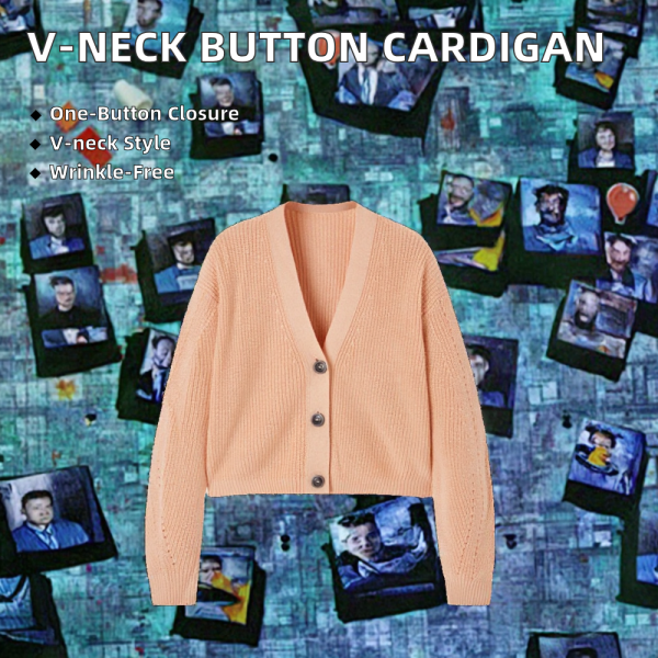 Solid Color Button V-Neck Cardigan Sweater Loose Outer Woven Casual Style for Autumn Season - 图片 3