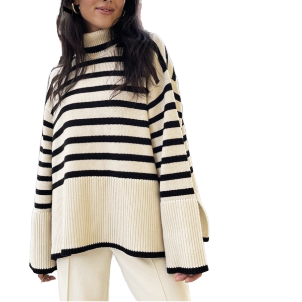 Women's Casual Loose Stripe Turtleneck Pullover Sweater Top for Autumn Winter New Plaid Knitted Clothing Long Length Breathable