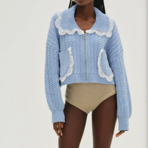 Sweet Lace Peter Pan Collar Knitted Cardigan French Retro Lace - Trimmed Knitted Short Coat Age - Reducing Puff - Sleeve Lace