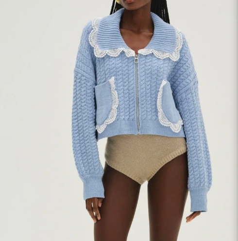 Sweet Lace Peter Pan Collar Knitted Cardigan French Retro Lace - Trimmed Knitted Short Coat Age - Reducing Puff - Sleeve Lace