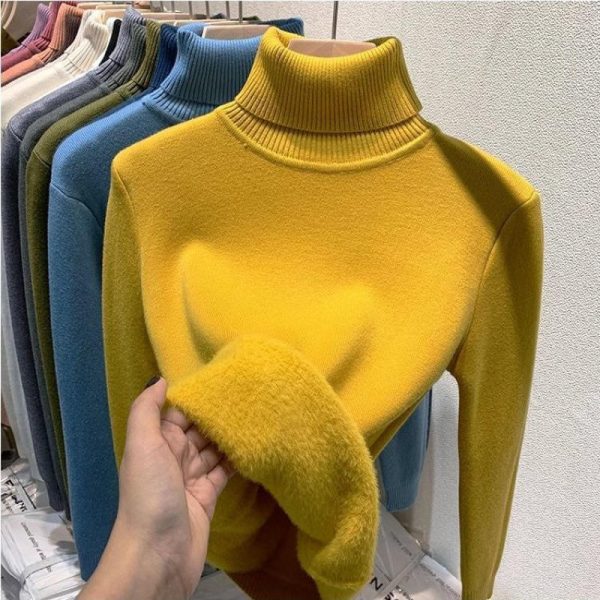 Women's Casual Turtleneck Thick Sweater Top with Long Sleeves Autumn Winter Solid Slim Fleece Pullover Top for Spring - 图片 4