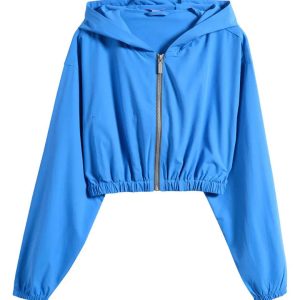 Ladies' Athletic Water Resistant Windbreaker Fashionable Cropped Hooded Windbreaker Lightweight Windproof Hooded Jacket