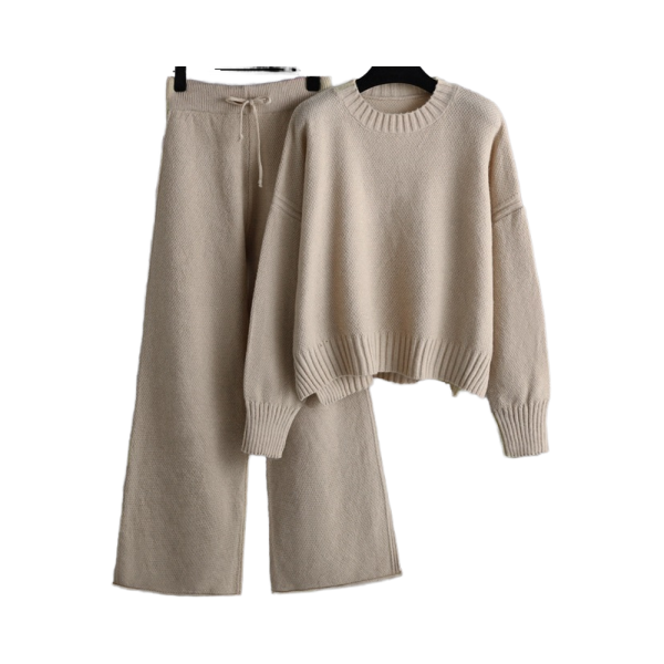 Autumn Winter Women's Casual Knitting Suit Breathable Solid Pattern Loose Sweater with Wide Leg Trousers Two-Piece Set - 图片 4
