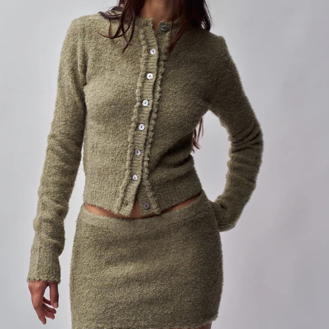 Light Grass Green Fuzzy Cardigan & Skirt Two - Piece Set (Lace Trim) Fuzzy Cardigan Gentle - Style Fashion Casual Daily - 图片 3