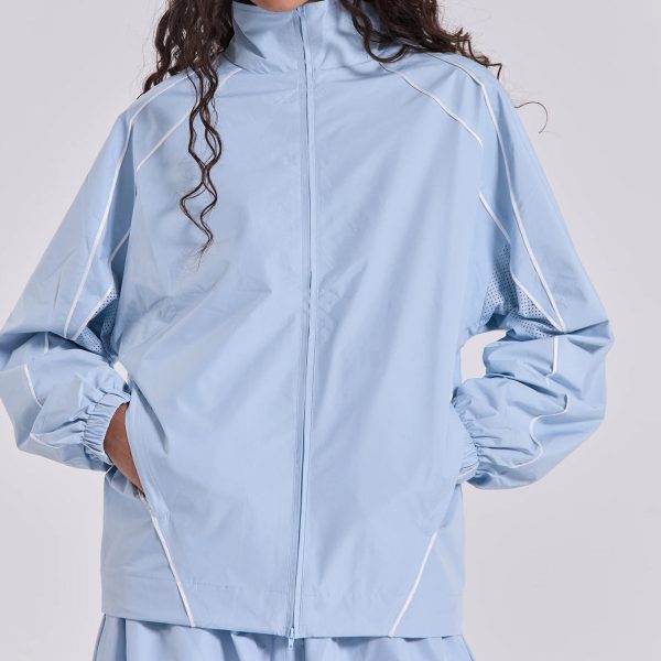 Sky Blue Windbreaker Jacket with Contrasting Lines and Perforated Mesh Design Lightweight Lightweight Solid Trendy for Women - 图片 2