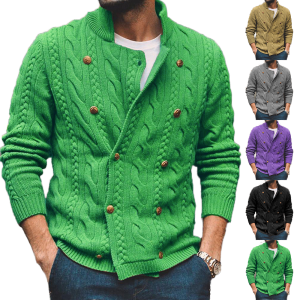 Men's Pure Color Double-Breasted Knitted Cardigan Half Collar Sweater Coat for Autumn and Winter