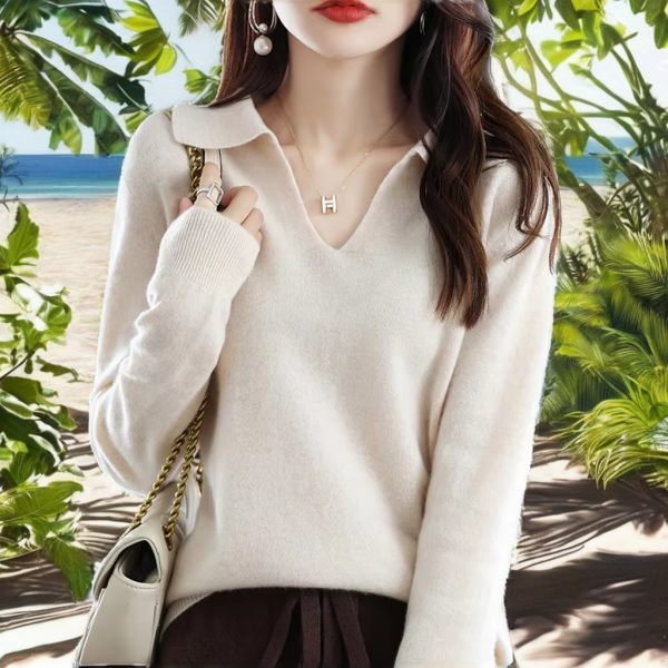 Women's Autumn Winter Pullover Base Shirt Casual Knit Tops Long Sleeves V-Neck Lapel Breathable Solid Wholesale Fashion Sweater - 图片 2