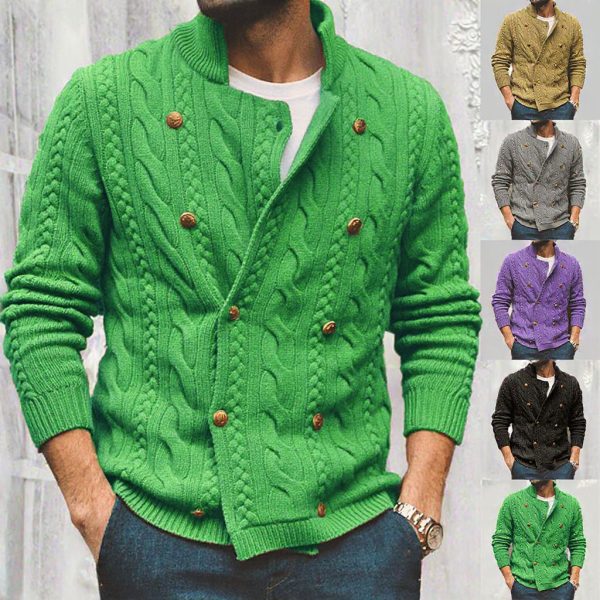 Men's Pure Color Double-Breasted Knitted Cardigan Half Collar Sweater Coat for Autumn and Winter - 图片 2