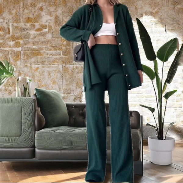 Women's Casual Solid Pattern Two-Piece Set Autumn Winter Knitted Sportswear Elastic Waist Pants Knitted Cardigan Sweater Top - 图片 3