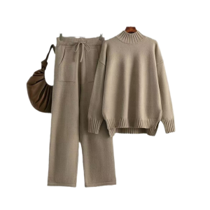 Autumn Winter Women's Casual Knitting Suit Breathable Solid Pattern Loose Sweater with Wide Leg Trousers Two-Piece Set