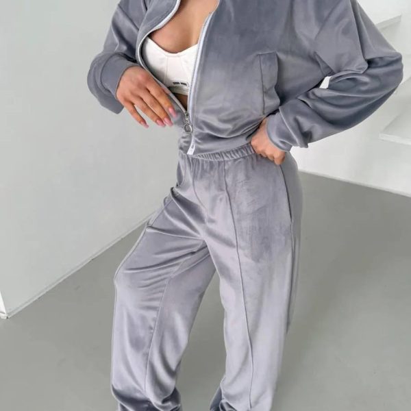 Women Grey Velvet Zip up Cropped Trench Style Jacket High Waisted Wide Leg Pants Casual Chic Daily Looks - 图片 3