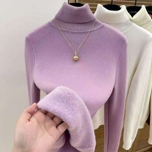 Women's Casual Turtleneck Thick Sweater Top with Long Sleeves Autumn Winter Solid Slim Fleece Pullover Top for Spring - 图片 3