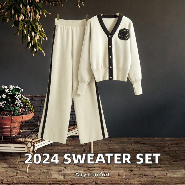 2024 Autumn and Winter New Sweater Set V-Neck Long-Sleeved Cardigan Top & Loose Wide-Leg Pants Solid Knitting Two-Piece Set - 图片 3