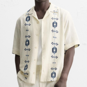 Retro Ethnic Embroidered Short - Sleeve Shirt Artistic Jacquard Cuban Collar Casual Vacation - Style Patterned