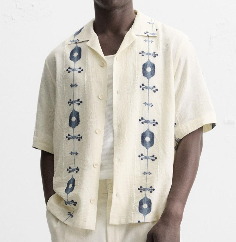 Retro Ethnic Embroidered Short - Sleeve Shirt Artistic Jacquard Cuban Collar Casual Vacation - Style Patterned