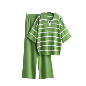 Summer Women's Sweater Set European American Contrasting Stripes Casual Loose Knit Wide Leg Pants Wholesale