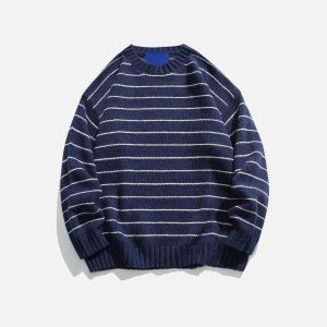 Custom 7 Gauge Pinstripe Women Sweater Factory OEM Jacquard Knit Pullover Manufacturer Wool Blend Knitwear