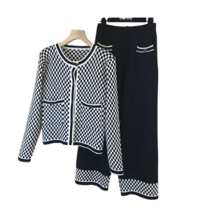 Women's Plus Size Plaid Knitwear Two Piece Set Long Sleeve Cardigan Top Button Wide Leg High Waist Pants for Office Winter