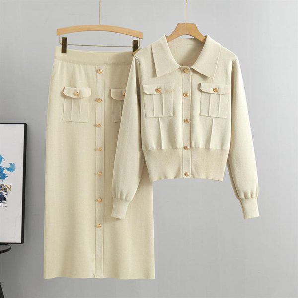 Wholesale 2024 Autumn New French High Fashion Flip Collar Long Sleeve Sweater Skirt Ribbed Knitted Women's 2 Piece Set Clothing - 图片 3