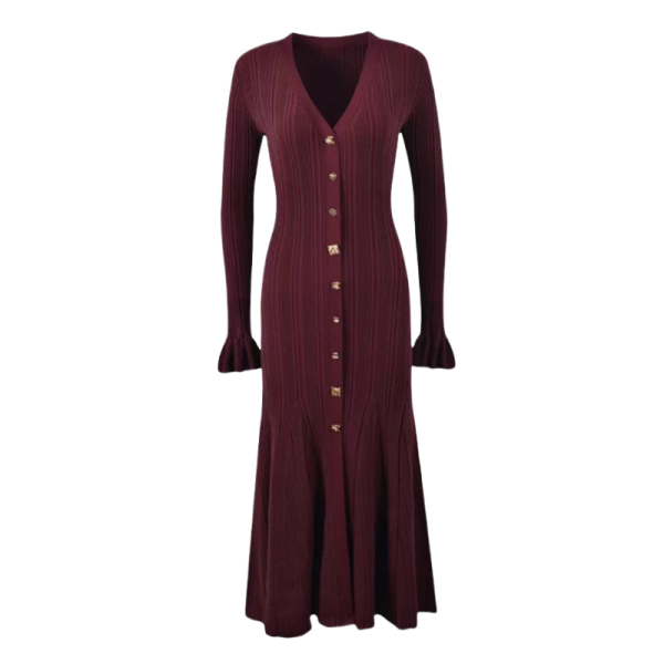 Women'S Fall Winter Retro V-Neck Metal Buckle Slim Long Sleeve Knitted Sweater Dresses - 图片 2