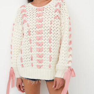 Sweet Bow - Decorated Hollow - Out Knitted Sweater Girlish Streamer - Decorated Hollow - Out Cardigan Romantic Pink