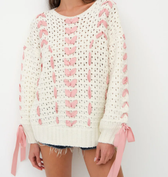 Sweet Bow - Decorated Hollow - Out Knitted Sweater Girlish Streamer - Decorated Hollow - Out Cardigan Romantic Pink
