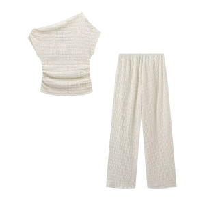 2025 Vintage Short-Sleeved Women's Fashion Suit Set of Knit Textured Solid Color Shirt and Trousers for Autumn