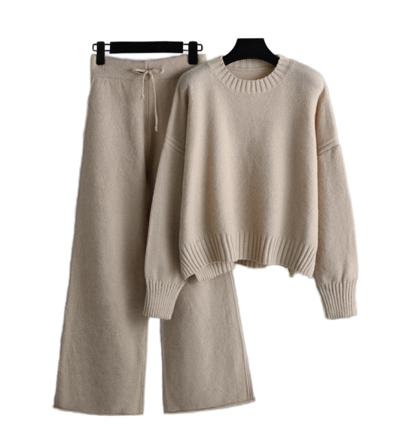 Autumn Winter Women's Casual Knitting Suit Breathable Solid Pattern Loose Sweater with Wide Leg Trousers Two-Piece Set - 图片 3
