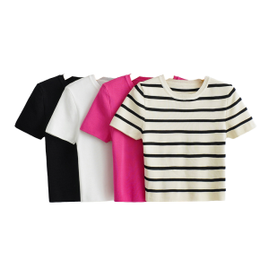 Chic Fashion 2024 Spring Women's Short Sleeve Ice Silk Knitted Top Vintage Chic Pullovers in Casual Striped Style