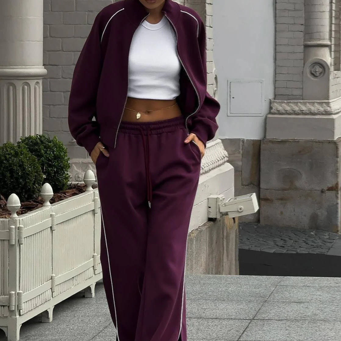 Dark Purple Sports Jacket & Wide - Leg Pants Set Trendy Sports Leisure Fashion Trendy Dark Purple White Stripes - 图片 2