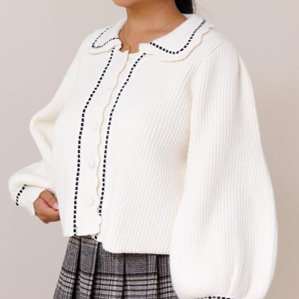 Must - Have Cute White Cardigan With Lantern Sleeves & Contrast Stitching for Daily Charm Best - Selling Timeless White Cardigan - 图片 4
