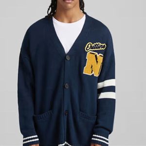 Viral Navy V - Neck Knit Cardigan With Outline N Patch for Streetwear Vibes Embroidered Details for Casual Chic