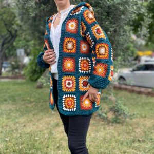 Bohemian Granny Square Hooded Cardigan Retro Crocheted Granny Square Hooded Coat Free - Spirited Patchwork Crocheted Hooded