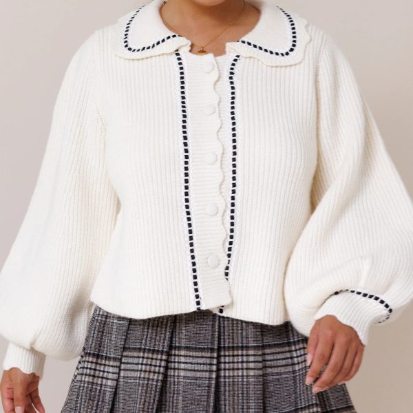 Must - Have Cute White Cardigan With Lantern Sleeves & Contrast Stitching for Daily Charm Best - Selling Timeless White Cardigan - 图片 2