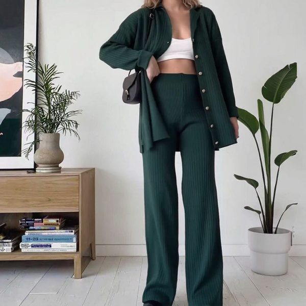 Women's Casual Solid Pattern Two-Piece Set Autumn Winter Knitted Sportswear Elastic Waist Pants Knitted Cardigan Sweater Top - 图片 2