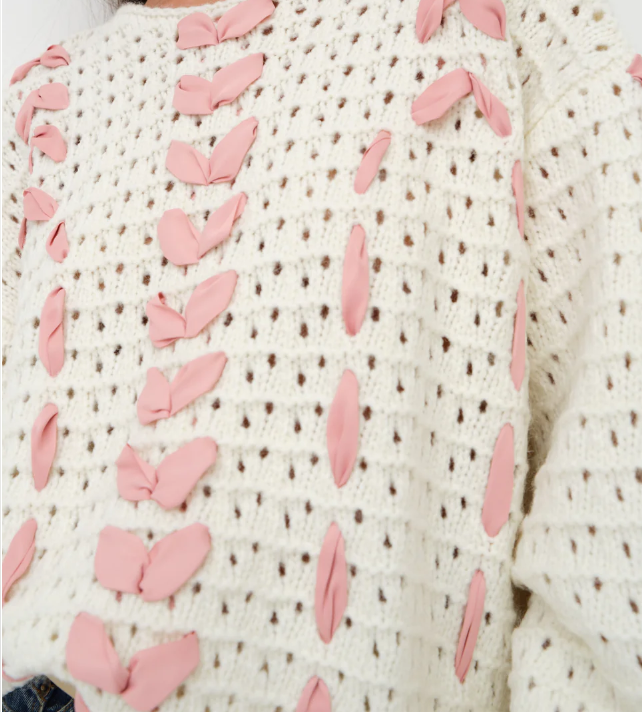 Sweet Bow - Decorated Hollow - Out Knitted Sweater Girlish Streamer - Decorated Hollow - Out Cardigan Romantic Pink - 图片 4