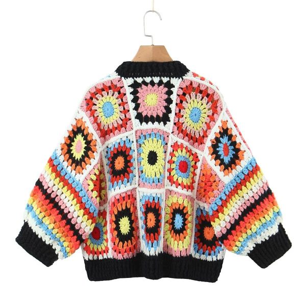 Autumn Women's Bohemia Style Cotton Top Handmade Colorful Crochet Long Sleeve Unbuttoned Knitted Weaving Method - 图片 2
