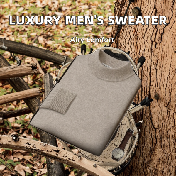 Autumn Winter Men's Pullover Sweater Plus Size High Collar Seamless Line Light Luxury Knitted Weave Breathable - 图片 3