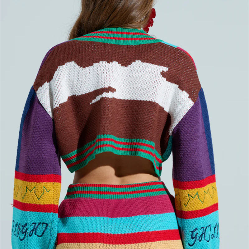 Retro Color - Block Knitted Cardigan Personalized Color Artistic Block - Patterned Embroidery Knitted Full of Fashion - 图片 4
