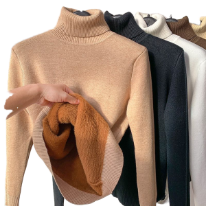 Women's Casual Turtleneck Thick Sweater Top with Long Sleeves Autumn Winter Solid Slim Fleece Pullover Top for Spring