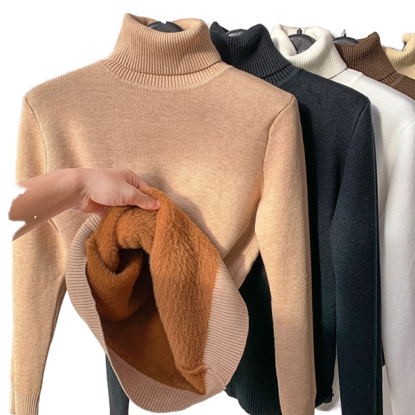 Women's Casual Turtleneck Thick Sweater Top with Long Sleeves Autumn Winter Solid Slim Fleece Pullover Top for Spring