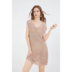 Women's Crochet Bathing Suit Coverup Knitted Midi Knitted Dress with Hollow Out Batwing Sleeve Casual Vacation Style